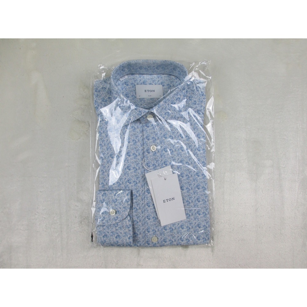NEW Eton Dress Shirt Mens 38‎ 15 Small Blue Paisley Slim Four Way Stretch